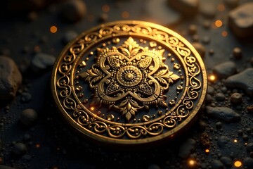 Intricate shiny emblem with intricate patterns and golden hues, decorative, prize