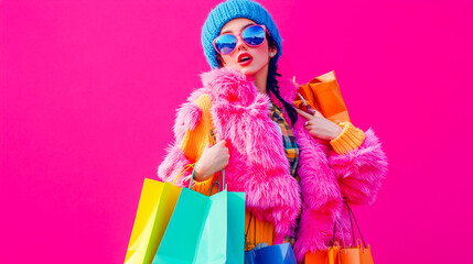 Fototapeta premium Photo of a stylish millennial woman carrying multiple shopping bags, looking amazed by incredible sales and discounts while on a shopping spree abroad. 