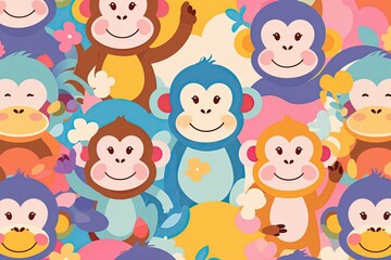 Joyful Monkey Pattern on Vibrant Pastel Background Adorable Cartoon Design for Kids and Infants