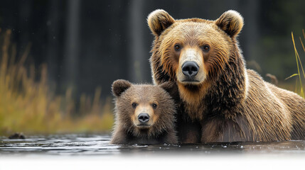 Obraz premium In a tranquil forest habitat, a mother bear watches over her curious cub as they swim together in calm waters, surrounded by the lush wilderness of nature. The atmosphere is peaceful and protective
