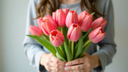 A young woman holding a bouquet of red tulips. The concept of a women's holiday.