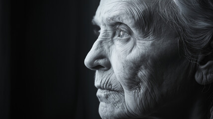 A thoughtful elderly woman gazes into the distance, her face lined with the stories of her years. Shadows dance across her features, creating a serene yet profound atmosphere