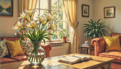 Lily flowers in vase on wooden table in cozy living room