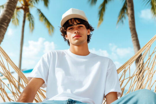 Handsome young male model in baseball cap wearing casual shirt and jeans, sitting in hammock on tropical beach. Men's white t-shirt mockup. Youth boy, regular fit tee template, summer outdoor	