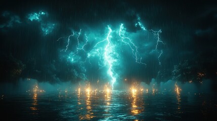 Stormy Rain, Lightning, Water, City Background