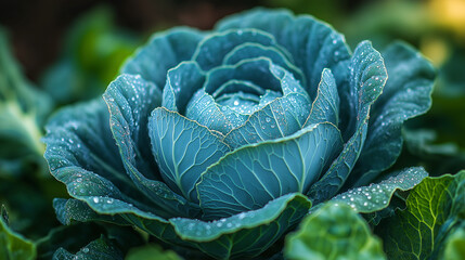 Morning dew clings to the vibrant leaves of a fresh cabbage, showcasing intricate patterns and a lush green hue in a thriving garden. Nature&rsquo;s beauty is evident in every detail