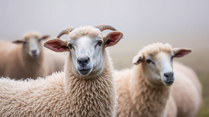 Obraz premium Flock of white Rambouillet sheep grazing in a farm field