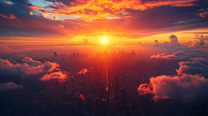 Fototapeta premium The day transitions into twilight as a stunning sunset casts fiery oranges and deep reds over a sprawling urban landscape, with soft clouds accentuating the view