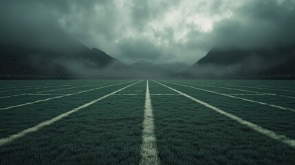 Mysterious Sports Field Surrounded by Fog and Mountains