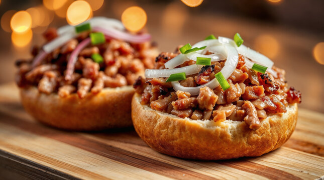German Mett Brotchen sandwich with raw minced meat and onions spread on bun halves