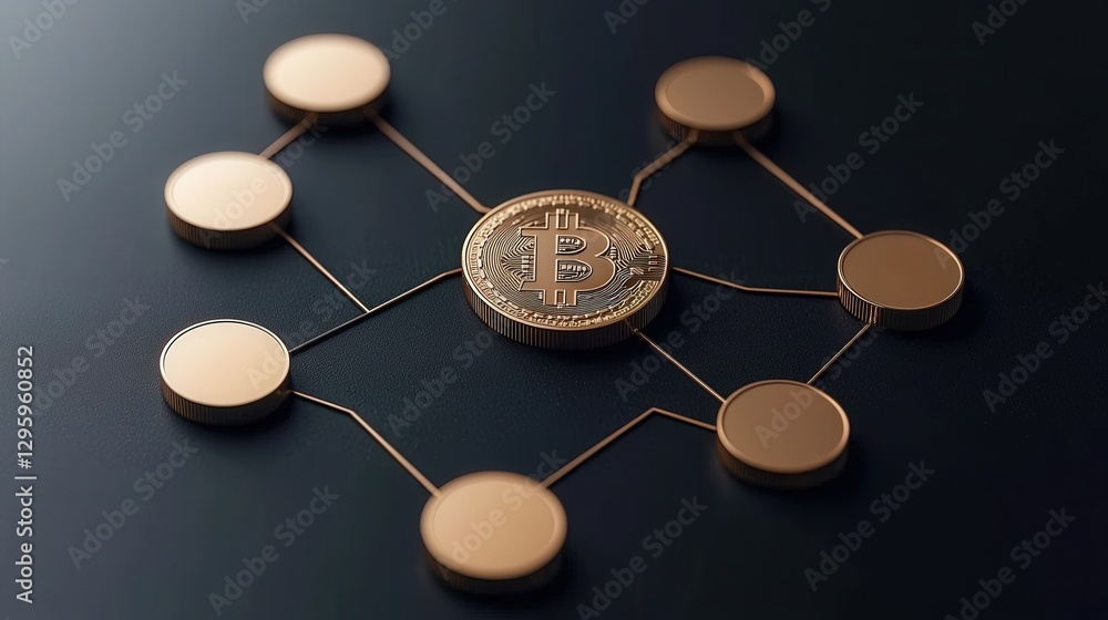 Poster financial benefits budget optimization concept. digital currency network with a central bitcoin and 