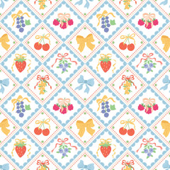 Summer coquette berry and fruits seamless pattern. Preppy wallpaper, hand drawn ribbons and bows patchwork print. Garden vector illustration, checkered romantic background, textile design, plaid.