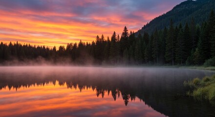 Fototapeta premium A serene mountain lake at sunrise, surrounded by pine trees, with mist rising off the water, vibrant orange and pink hues reflecting on the surface