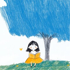 A young girl sits under a large blue tree, reading a book. She wears an orange dress and is surrounded by green grass. The illustration is done in a