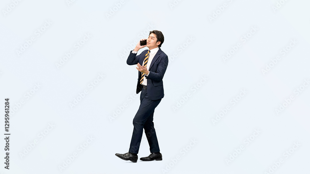 Leinwandbilder ビジネスマン、男性、全身、電話、スマホ、通話、ビジネス、歩く、スマートフォン、ビジネスパーソン、サラリーマン、日本人、会社員、スーツ、仕事、働く、営業、セールスマン、人材、切り抜き、コピースペース、転職、忙しい、連絡、操作、アプリ、DX、ツール、デジタルトランスフォーメーション、トーク、音楽、ミュージック、企業、スタッフ、白バック、横長、バナー、広告、説明、商談、打ち合わせ、テレマーケティング、説