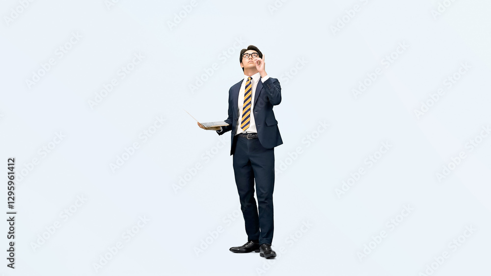 Leinwandbilder ビジネスマン、男性、ビジネス、ノートパソコン、全身、考える、ビジネスパーソン、日本人、ひらめき、アイデア、インスピレーション、ソリューション、PC、思いつく、思い出す、記憶、仕事、エンジニア、システム、開発、悩む、悩み、課題、問題、人材、スーツ、DX、クラウド、ソフトウェア、アプリ、切り抜き、コピースペース、メール、転職、検索、営業、SNS、web、オンライン、インターネット、ステップアップ、スキ