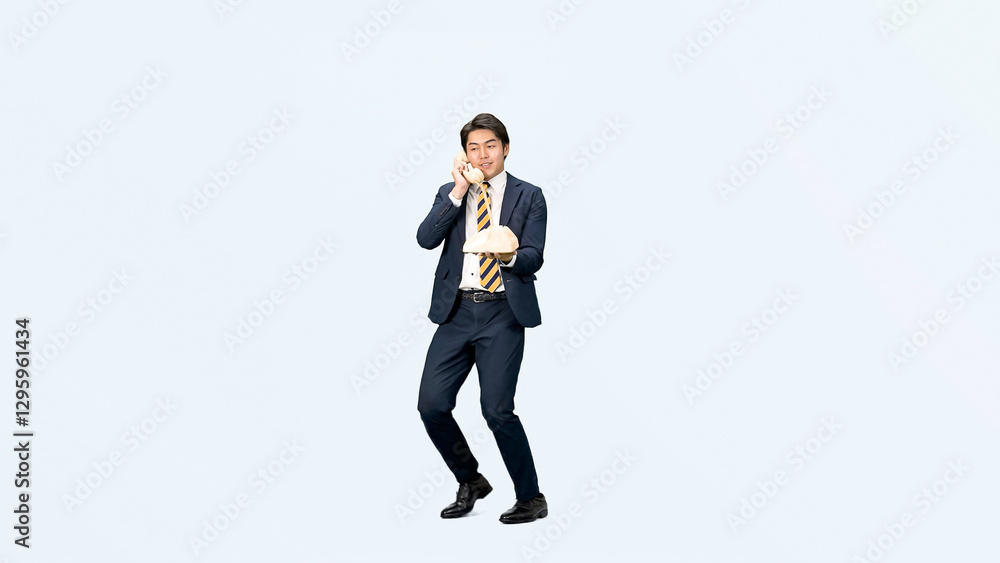 Leinwandbilder ビジネスマン、男性、電話、全身、人物、通話、ダンス、踊る、ビジネスパーソン、営業、オフィス、切り抜き、コピースペース、日本人、仕事、セールス、問い合わせ、苦情、クレーム、殺到、忙しい、窓口、ビジネス、受付、固定電話、ビジネスフォン、挨拶、働く、スーツ、元気、ノリノリ、慌てる、ダンサー、踊り、ビジネスシーン、経営、笑顔、振り付け、コールセンター、スタッフ、オペレーター、会社員、サラリーマン、注文、質