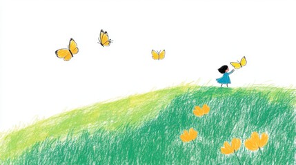 Young girl in blue dress playing with yellow butterflies on a green hill. Childlike drawing style, bright colors, simple background