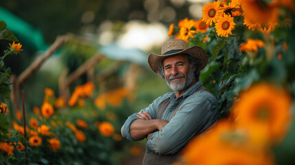 In a tranquil garden during the golden hour, a joyful farmer with a straw hat leans against lush greenery surrounded by bright sunflowers, showcasing the beauty of nature and hard work