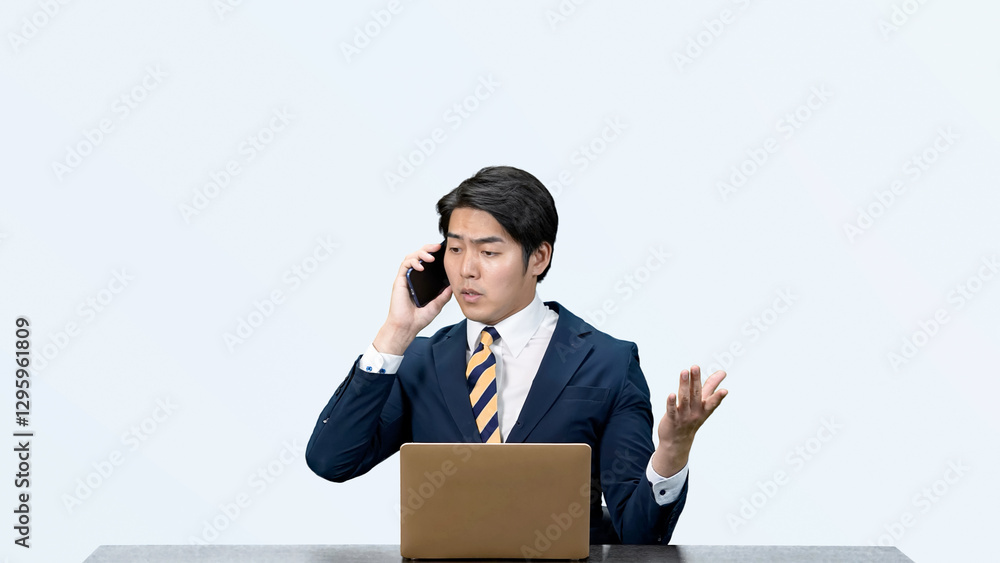 Leinwandbilder ビジネス、ビジネスマン、通話、男性、ビジネスパーソン、スマホ、ノートパソコン、デスクトップ、オフィス、日本人、仕事、DX、PC、スマートフォン、デスクワーク、営業、職場、デスク、忙しい、サラリーマン、会社員、スーツ、経営、デジタル、ツール、エンジニア、システム、ERP、人材、ネット、事務、サポート、働く、会社、企業、シリアス、相談、打ち合わせ、問い合わせ、アクション、アクティブ、元気、切り抜き、コ