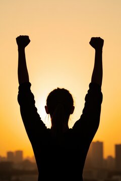 Silhouette of person celebrating victory against vibrant sunset