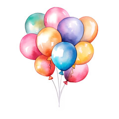 Colorful bunch of balloons in shades of blue, pink, orange, yellow, and green, tied together with strings, illustrated in a cheerful watercolor style, symbolizing celebration and joy