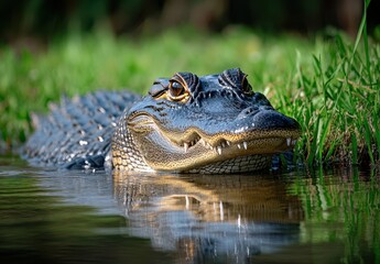Fototapeta premium Close-Up Portrait of an Alligator Lying in Water with Reflection and Green Grass in Natural Habitat During Daylight