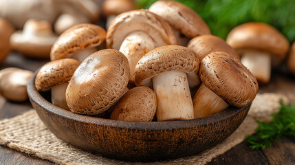Fototapeta premium A rustic wooden bowl overflows with fresh brown mushrooms, their earthy tones contrasting against the woven fabric beneath. A hint of greenery enhances the natural beauty