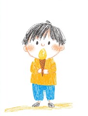 Child in yellow jacket and blue pants joyfully eating ice cream cone against white background. Pastel crayon drawing style