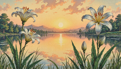 Watercolor lilies by serene lake at sunset