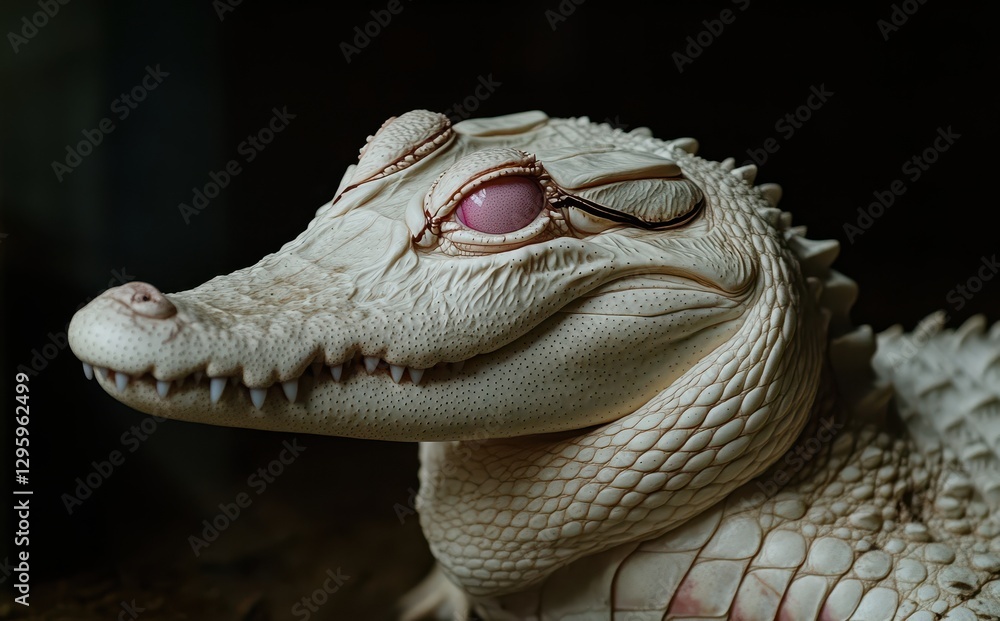 Poster close-up portrait of an alligator with unique coloration displaying textured skin and distinct eye f