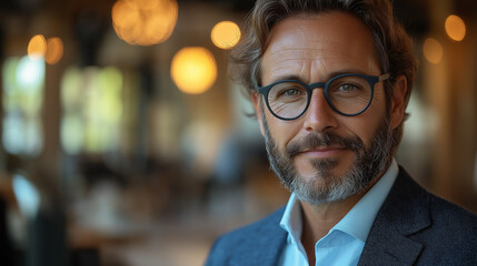 Fototapeta premium A distinguished businessman with glasses and a well-groomed beard engages in conversation, surrounded by a warm and inviting atmosphere at a sophisticated gathering in the city