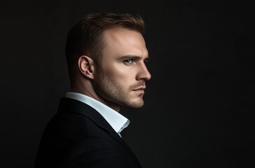 Photograph of a confident, handsome man in a black suit