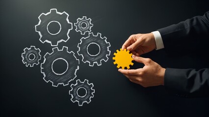 Business process management and solution. Businessman arranges connecting gears on chalkboard.