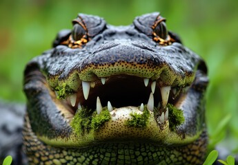 Fototapeta premium Close-Up Portrait of an Alligator with Unique Teeth and Textured Skin Surrounded by Greenery in a Natural Habitat Setting