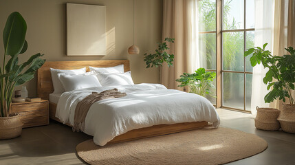 Soft morning light pours into a tranquil bedroom adorned with rich plants and a minimalist bed, creating a peaceful oasis for relaxation and rejuvenation