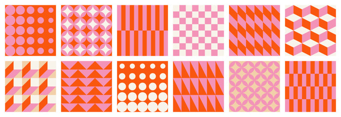 Big set of abstract contemporary seamless patterns of simple geometric shapes on a light background, red and pink colors, flat style