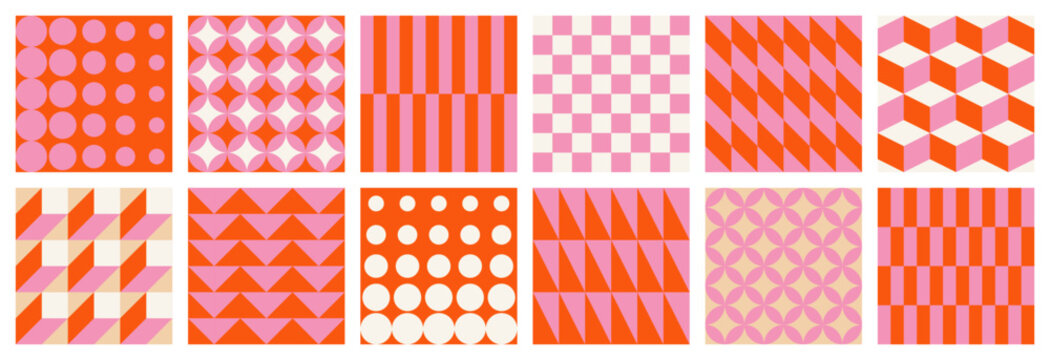Big set of abstract contemporary seamless patterns of simple geometric shapes on a light background, red and pink colors, flat style