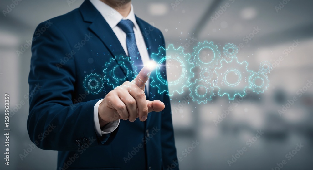 Poster a businessman's finger pointing at glowing gears, representing workflow automation and digital trans