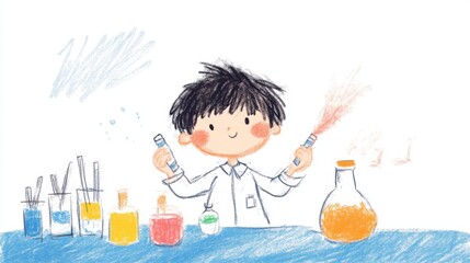 A young scientist conducts experiments with colorful liquids in a lab setting, illustrated in a childlike, playful style with pastel colors and