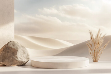 A minimalist and modern podium for product display, set against the backdrop of sand dunes and rocks in the desert