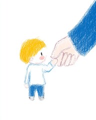 A small child with blond hair reaches up to grasp a large hand extending downward, a tender moment depicted in a crayon like style against a white