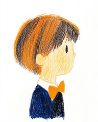 Profile view of a young boy with short brown hair, wearing a dark blue jacket and an orange bow tie. Colored pencil drawing style, light background