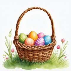 Vibrant Easter Scene: Basket of Colorful Eggs on Pink Flowers Against Green Grass. A basket filled with colorful painted eggs sits in the grass.