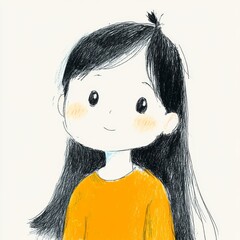 Illustration of a girl with long black hair wearing an orange shirt, a simple, minimalist style with soft colors and a gentle expression