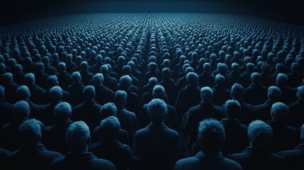 Obraz premium Vast Dark Crowd of Identical Figures in Blue Light Environment
