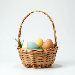 Fototapeta premium Vibrant Eggs Against Fresh Green Grass in a Classic Wicker Basket Design. A wicker basket filled with three colored eggs and grass.