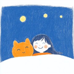 Smiling girl hugs orange cat under a night sky with yellow stars. Pastel crayon illustration style