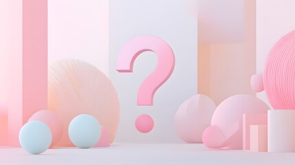 Pink question mark surrounded by pastel geometric shapes backdrop