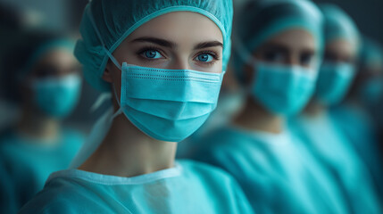 In a well-lit medical facility, dedicated healthcare workers don surgical masks and caps as they prepare for their urgent tasks. The teamwork and focus are evident, highlighting their commitment